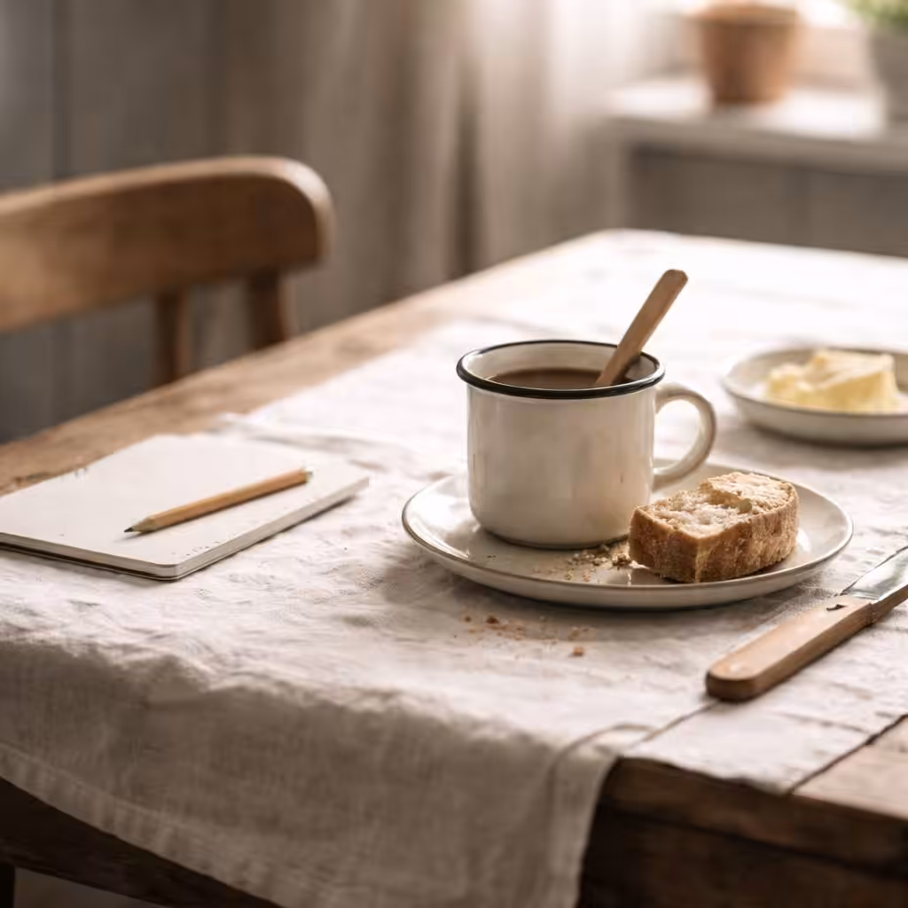 Küchentisch mit Tasse, Stift und Schreibpapier