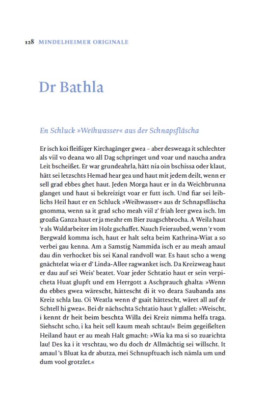 Buchseite mit der Mundartgeschichte „Dr Bathla“ - Leseprobe