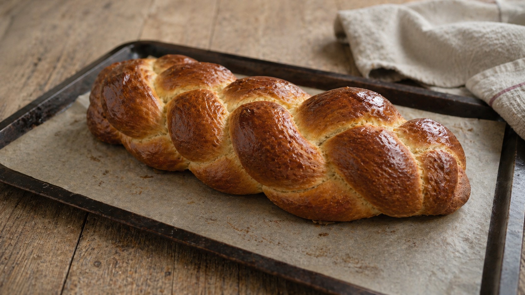 Allgäuer Hefezopf – frisch gebacken auf Blech mit Backpapier, goldbraun geflochten