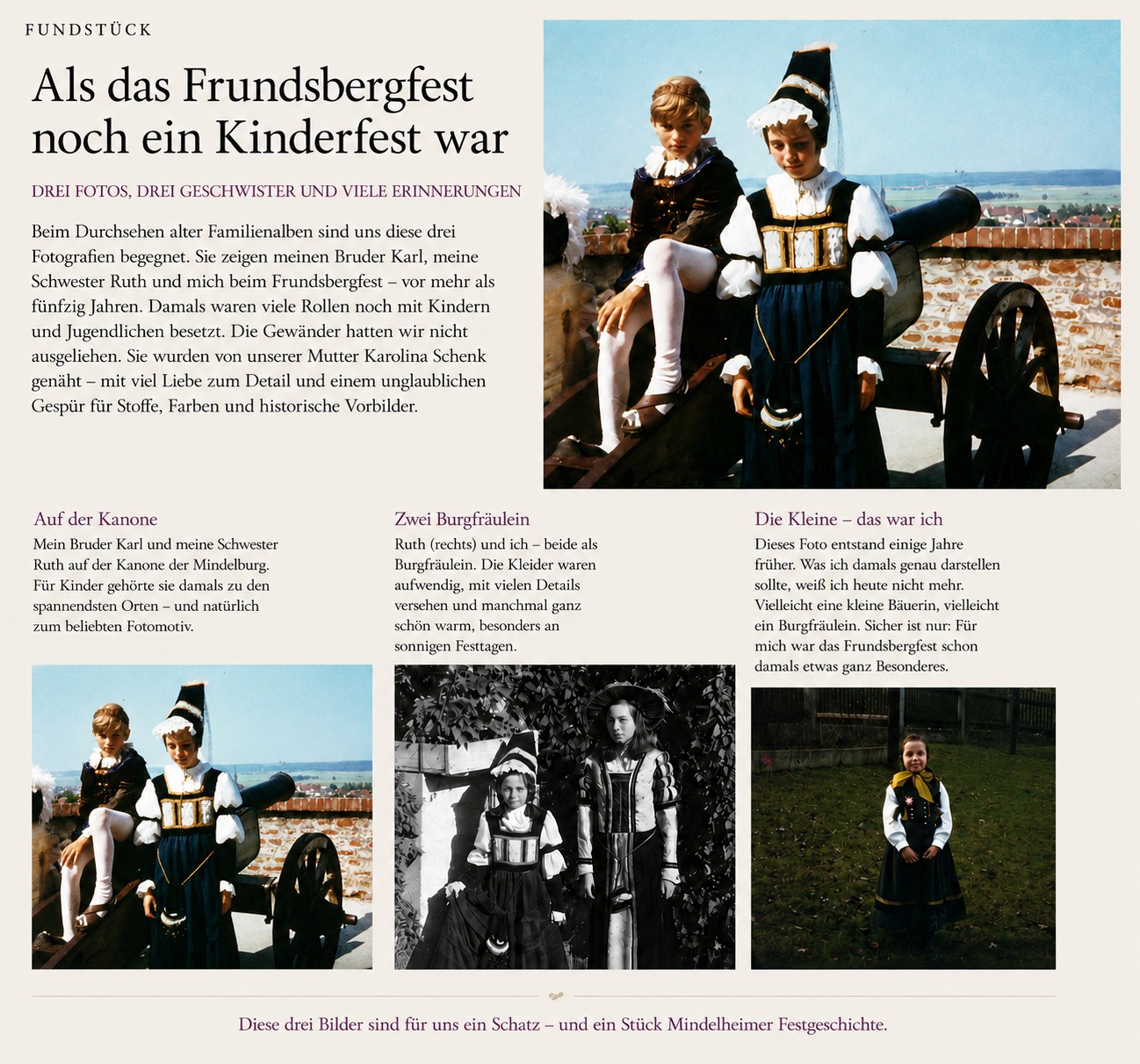Kinder in historischen Frundsberg-Gewändern auf der Kanone der Mindelburg in Mindelheim, aufgenommen in den 1970er Jahren.