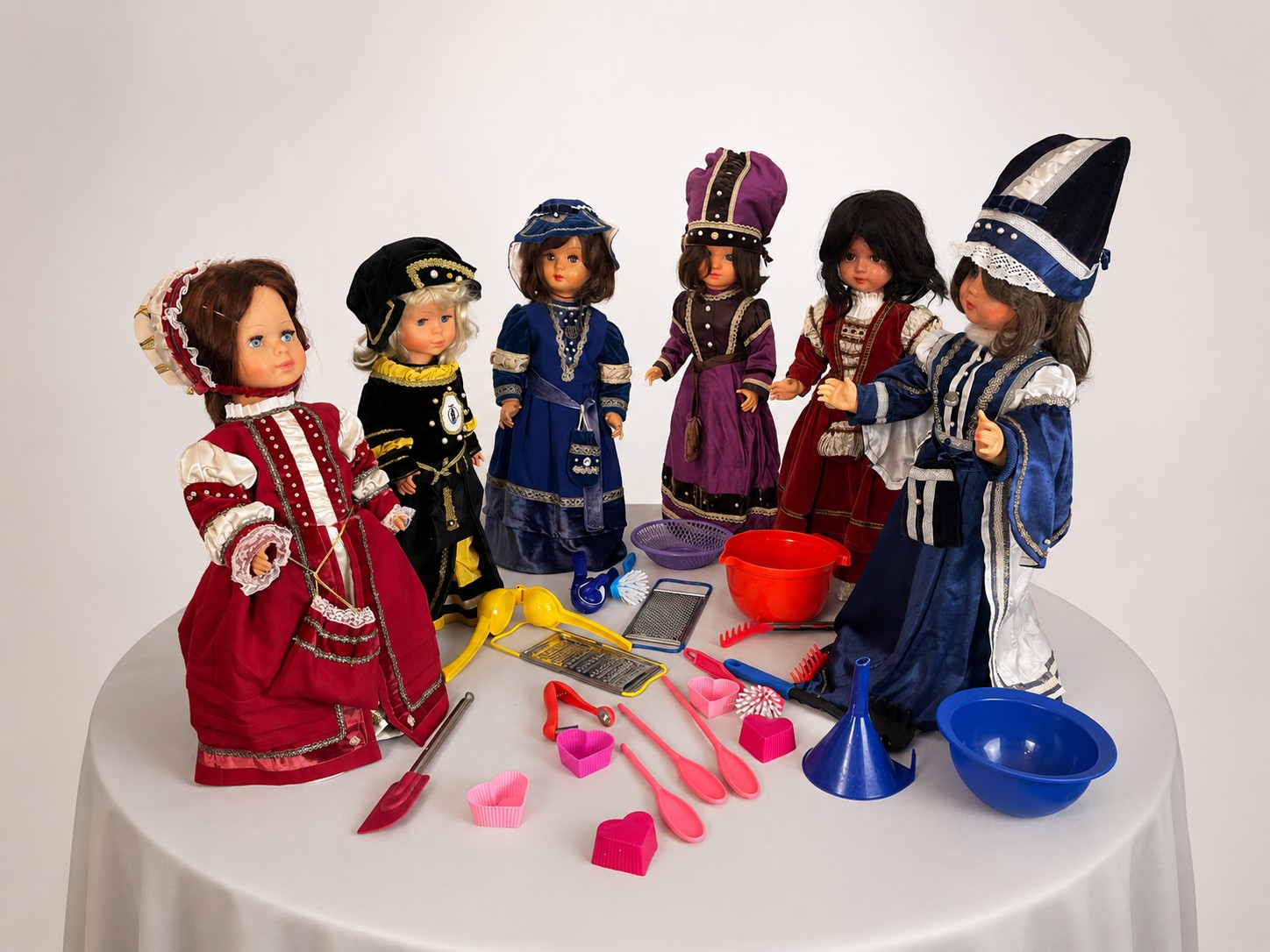 Sechs Puppen in farbenfrohen Gewändern nach historischen Vorbildern stehen auf einem runden Tisch und scheinen über bunte Küchenutensilien zu beraten. Die Szene verbindet mit einem Augenzwinkern Renaissance-Anmutung und moderne Küchenwelt und dient als Auftaktbild der KULINAVI-Serie „Kulinarische Zeitreisen“.