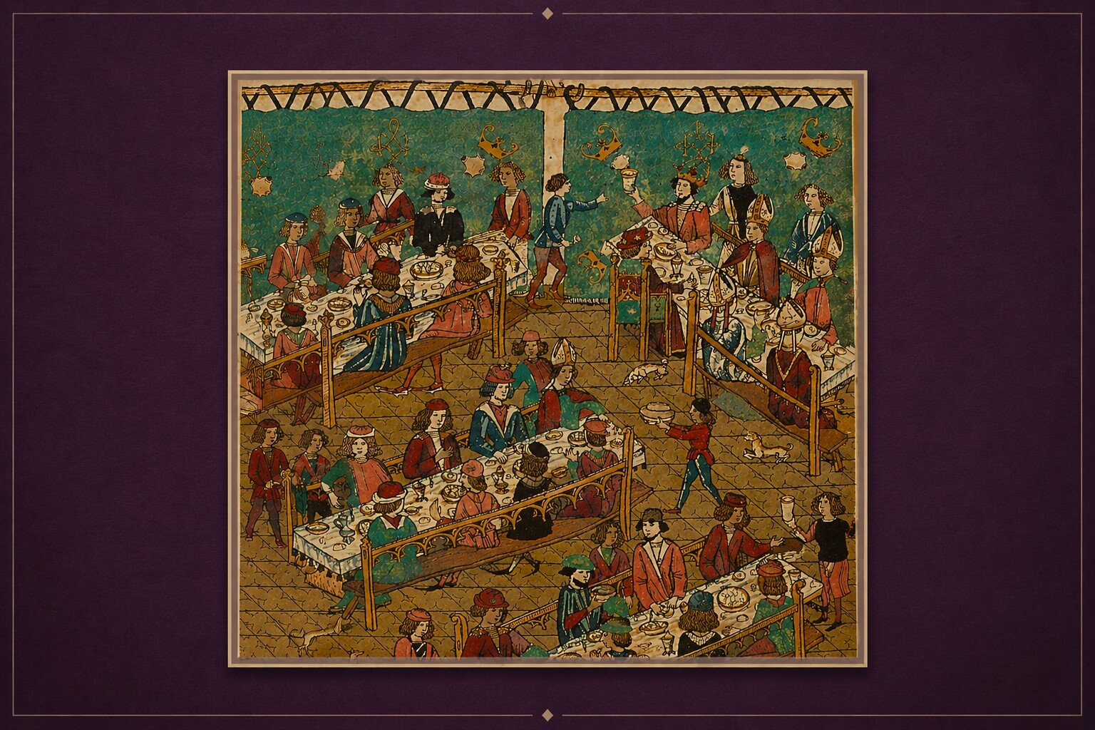 Mittelalterliches Festmahl mit langen Tafeln und Gästen bei einem höfischen Bankett um 1480.