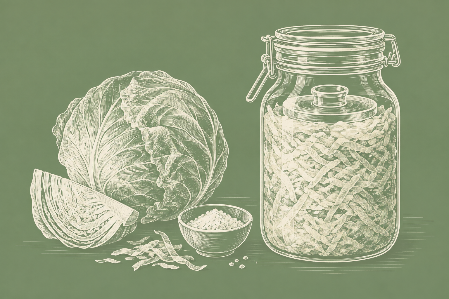 Strichzeichnung von Weißkohl, Salz und einem Fermentationsglas mit Sauerkraut.