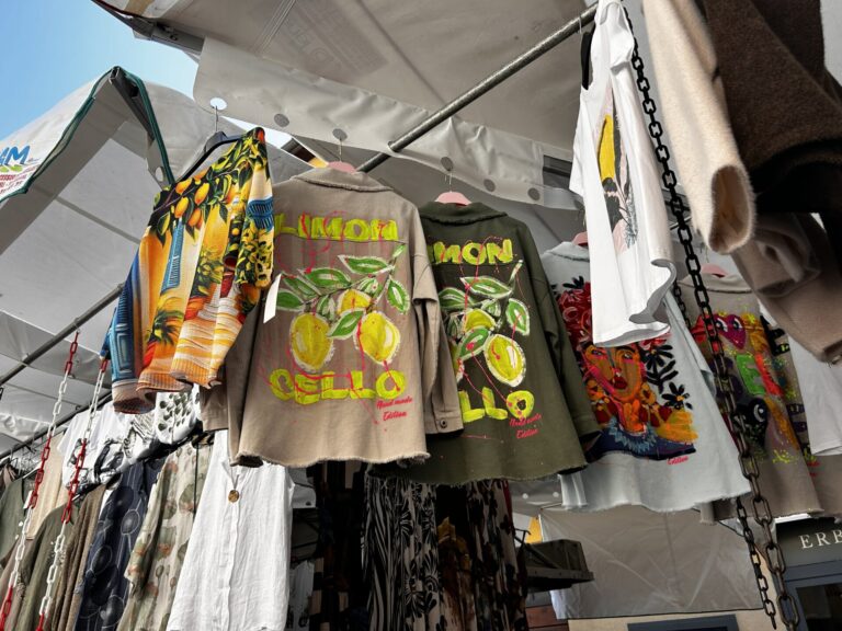 Verkaufsstände mit Kleidung und Alltagswaren auf dem Wochenmarkt von Luino