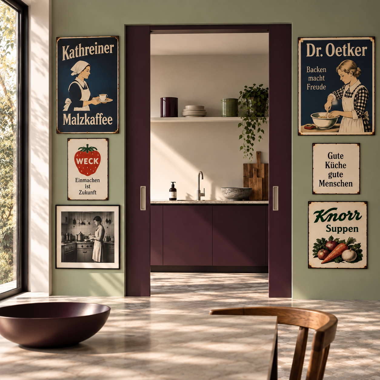 Moderne Küche in Salbeigrün und Aubergine mit historischen Reklametafeln und Schwarzweiß-Küchenfotografie.