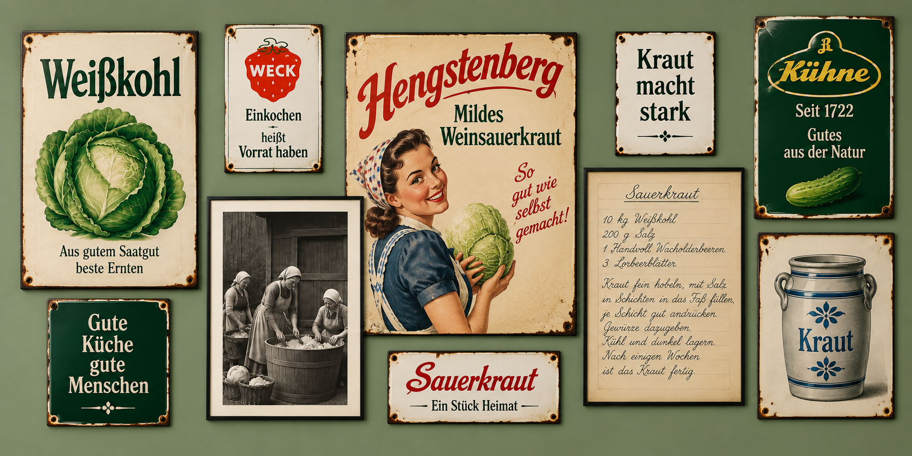 Retro-Bildcollage zum Thema Sauerkraut mit historischen Werbemotiven, Weißkohl, Krautfass, Rezept und Schwarzweißszene beim Krautmachen.