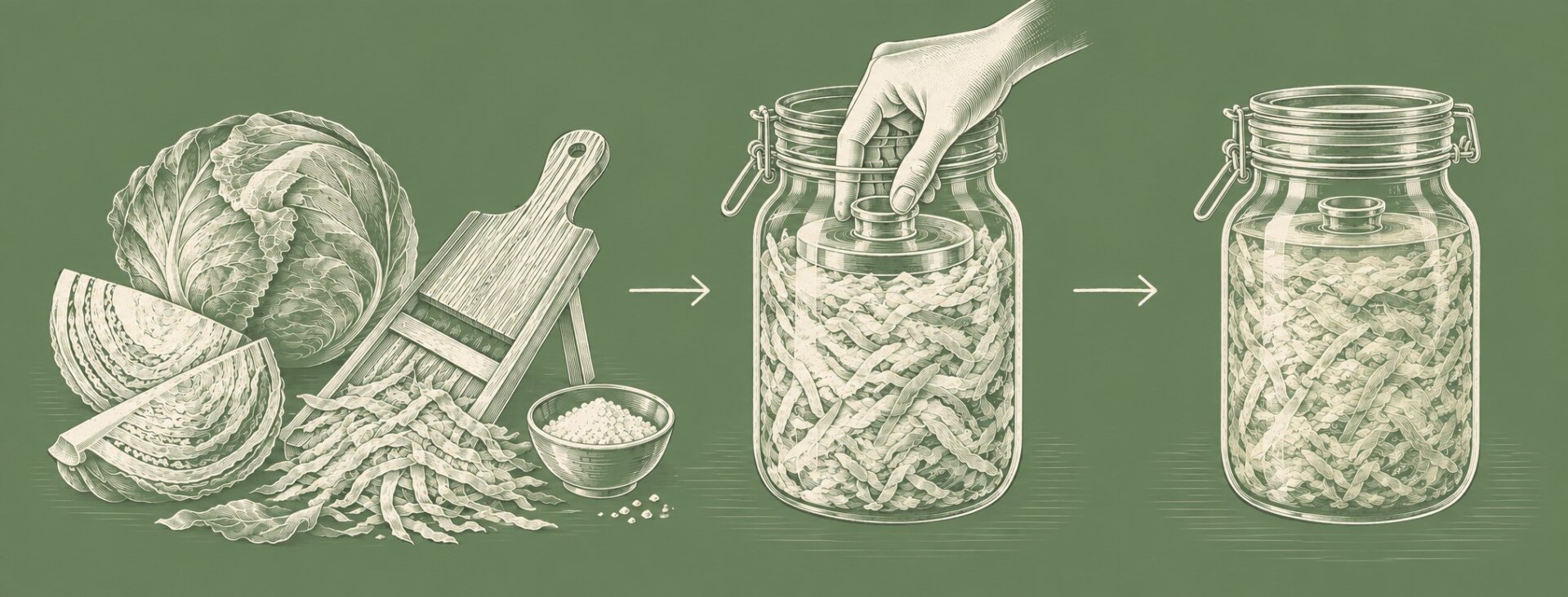 Strichzeichnung in drei Schritten: Weißkohl hobeln und salzen, ins Fermentationsglas füllen und beschweren, anschließend fermentieren lassen.